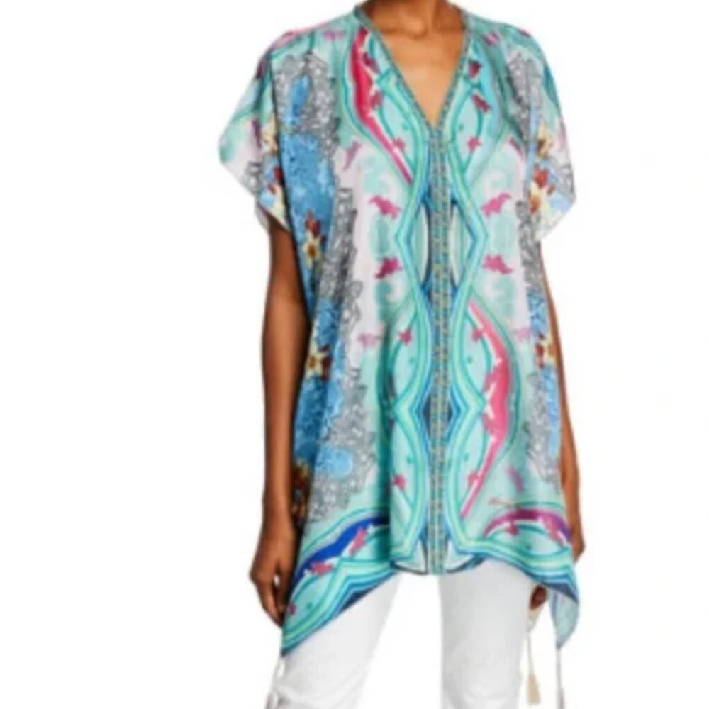 Johnny Was Leon pure SILK print tasseled top